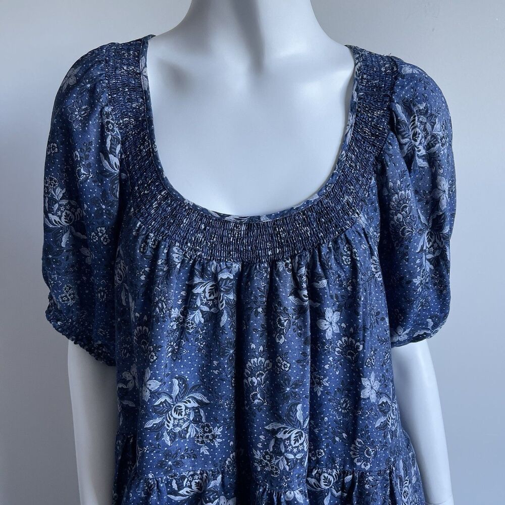 Torrid‎ Plus Size 1X Chambray Floral Puff Sleeve Smocked Tiered Dress Blue - Picture 3 of 13